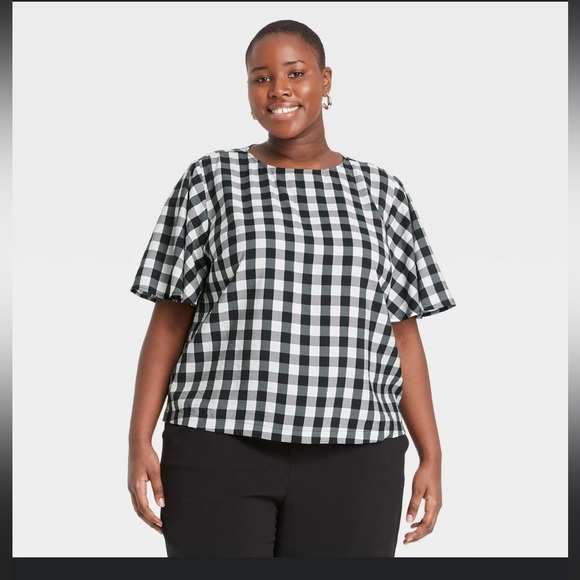 a new day Black and White Plaid Blouse gingham cottage core fall large flutter - Picture 1 of 10